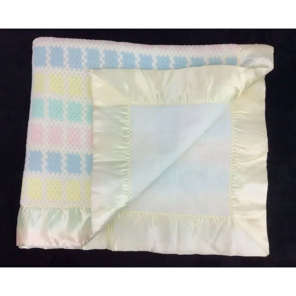 Vintage Union Made USA Baby Blanket Yellow Green Pink Blue Squares‎ Silky Edges